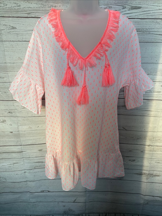 Lilly Pulitzer Other - Lilly Pulitzer White Tunic Swim Coverup with Neon Pink Tassel Trim Size S/M
